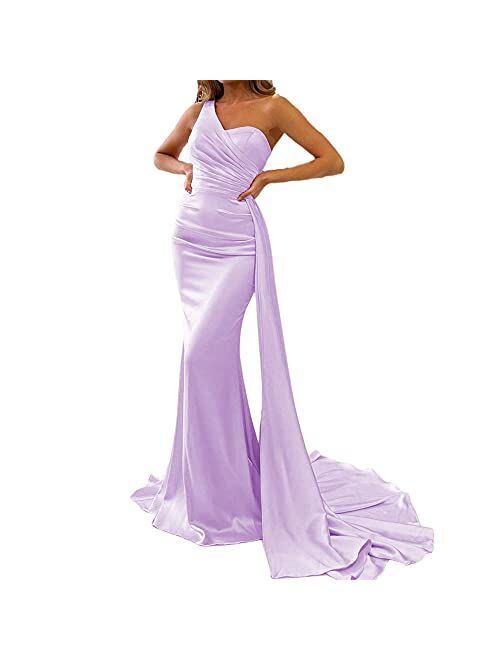 Mermaid Evening Gown One Shoulder Satin Long Prom Dresses Ball Gowns for Women Formal with Train