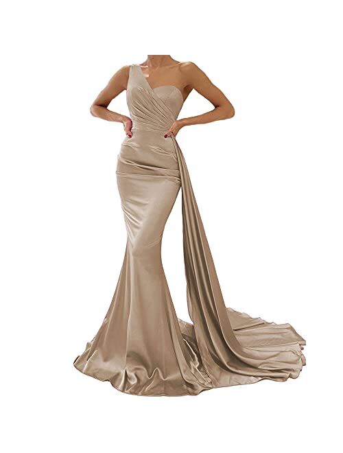 Mermaid Evening Gown One Shoulder Satin Long Prom Dresses Ball Gowns for Women Formal with Train