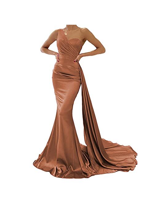 Mermaid Evening Gown One Shoulder Satin Long Prom Dresses Ball Gowns for Women Formal with Train