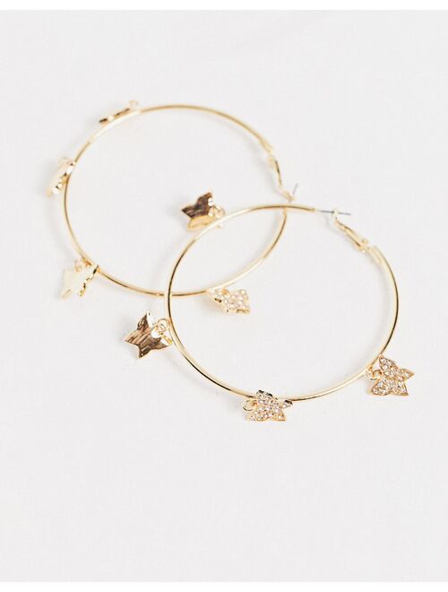 Asos Design hoop earrings with crystal butterfly charms in gold tone