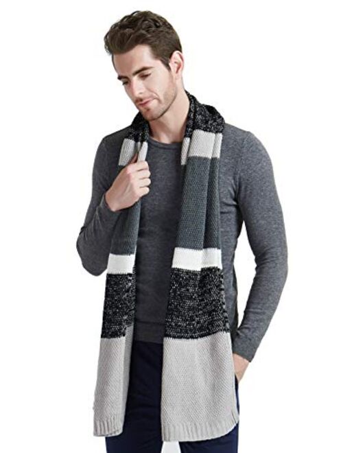 Winter Knit Scarf for Men, Cashmere Feel Wool Blend Long Scarf Color Block Striped Patchwork Soft Fashion Scarves