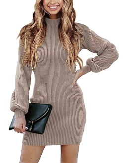 Women Turtleneck Long Sleeve Knit Stretchable Elasticity Slim Sweater Bodycon Mini Sweater Dress