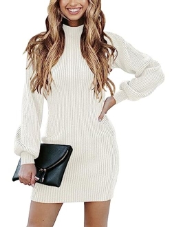 Women Turtleneck Long Sleeve Knit Stretchable Elasticity Slim Sweater Bodycon Mini Sweater Dress