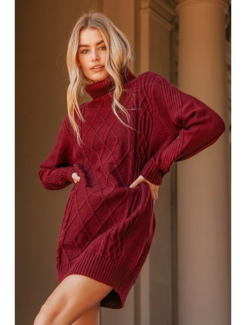 Lulus Cuddle Up Close Burgundy Cable Knit Turtleneck Sweater Dress