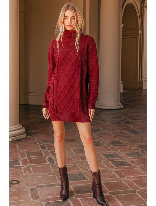 Lulus Cuddle Up Close Burgundy Cable Knit Turtleneck Sweater Dress