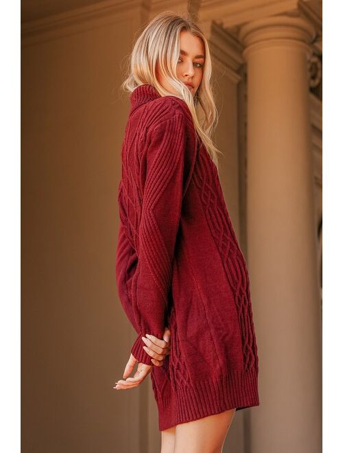 Lulus Cuddle Up Close Burgundy Cable Knit Turtleneck Sweater Dress