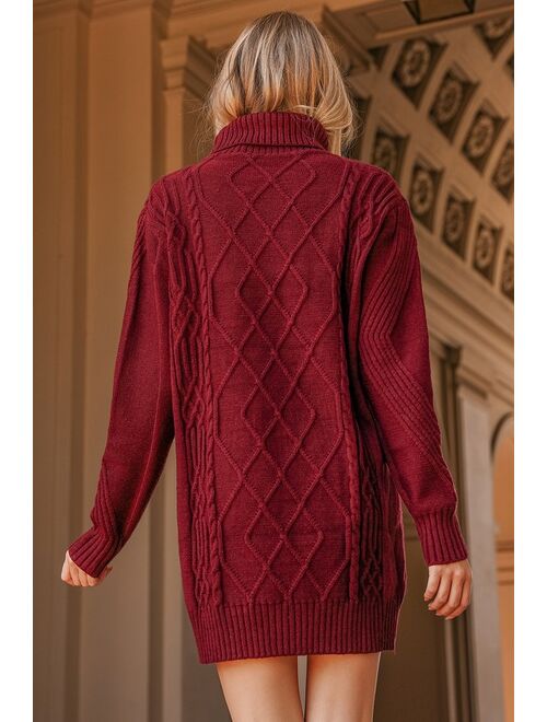 Lulus Cuddle Up Close Burgundy Cable Knit Turtleneck Sweater Dress