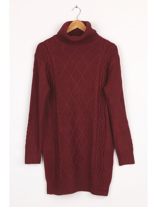 Lulus Cuddle Up Close Burgundy Cable Knit Turtleneck Sweater Dress