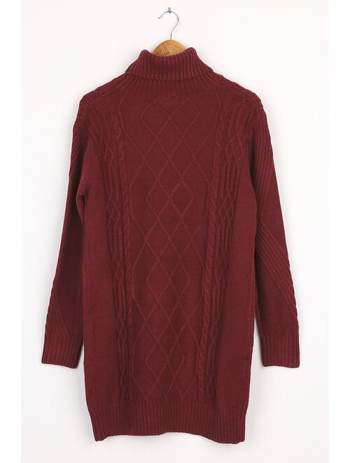 Lulus Cuddle Up Close Burgundy Cable Knit Turtleneck Sweater Dress