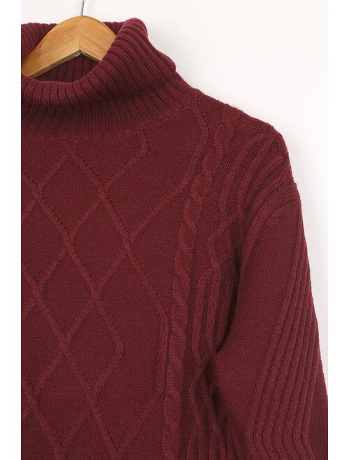 Lulus Cuddle Up Close Burgundy Cable Knit Turtleneck Sweater Dress