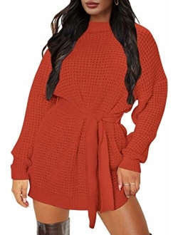 Women's Long Sleeve Solid Color Waffle Knitted Tie Wasit Tunic Pullover Sweater Dress