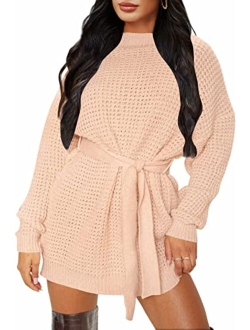 Women's Long Sleeve Solid Color Waffle Knitted Tie Wasit Tunic Pullover Sweater Dress