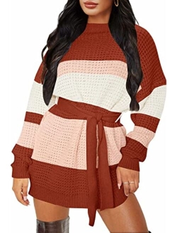 Women's Long Sleeve Solid Color Waffle Knitted Tie Wasit Tunic Pullover Sweater Dress