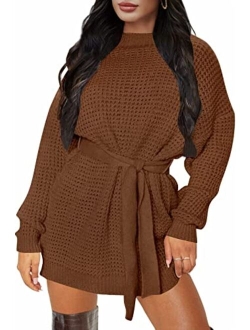 Women's Long Sleeve Solid Color Waffle Knitted Tie Wasit Tunic Pullover Sweater Dress