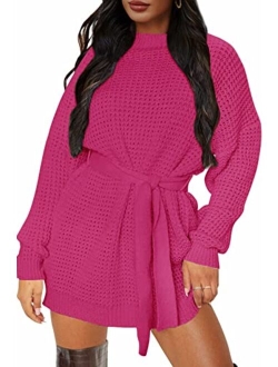 Women's Long Sleeve Solid Color Waffle Knitted Tie Wasit Tunic Pullover Sweater Dress