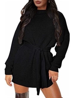 Women's Long Sleeve Solid Color Waffle Knitted Tie Wasit Tunic Pullover Sweater Dress