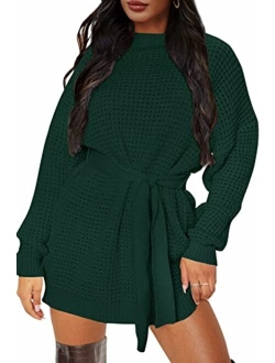 Women's Long Sleeve Solid Color Waffle Knitted Tie Wasit Tunic Pullover Sweater Dress