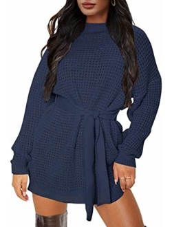 Women's Long Sleeve Solid Color Waffle Knitted Tie Wasit Tunic Pullover Sweater Dress