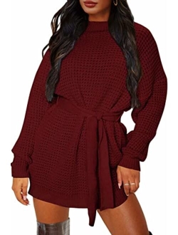 Women's Long Sleeve Solid Color Waffle Knitted Tie Wasit Tunic Pullover Sweater Dress