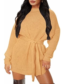 Women's Long Sleeve Solid Color Waffle Knitted Tie Wasit Tunic Pullover Sweater Dress