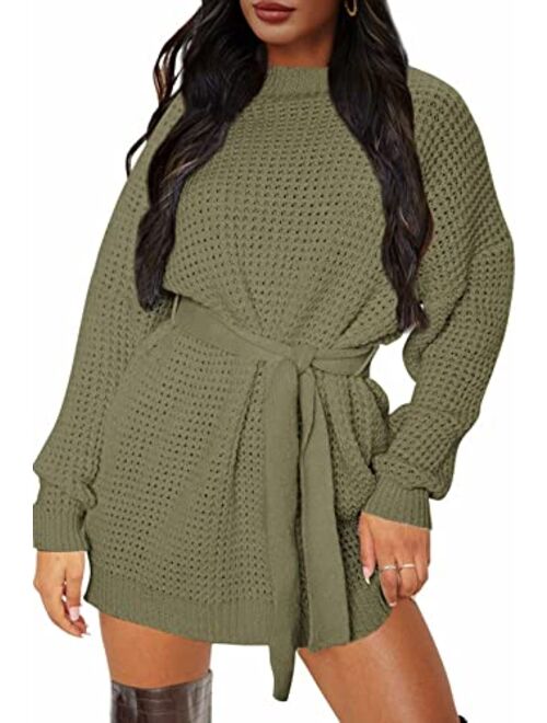 ZESICA Women's Long Sleeve Solid Color Waffle Knitted Tie Wasit Tunic Pullover Sweater Dress