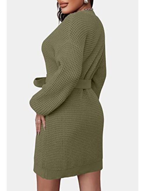 ZESICA Women's Long Sleeve Solid Color Waffle Knitted Tie Wasit Tunic Pullover Sweater Dress