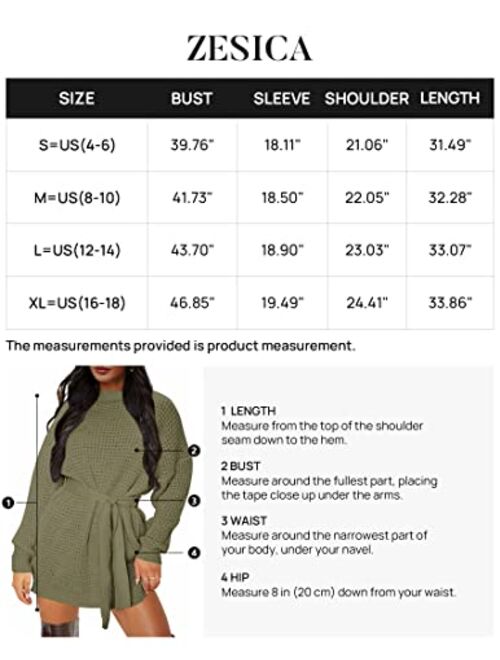 ZESICA Women's Long Sleeve Solid Color Waffle Knitted Tie Wasit Tunic Pullover Sweater Dress