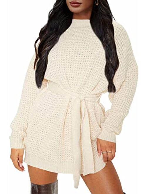 ZESICA Women's Long Sleeve Solid Color Waffle Knitted Tie Wasit Tunic Pullover Sweater Dress