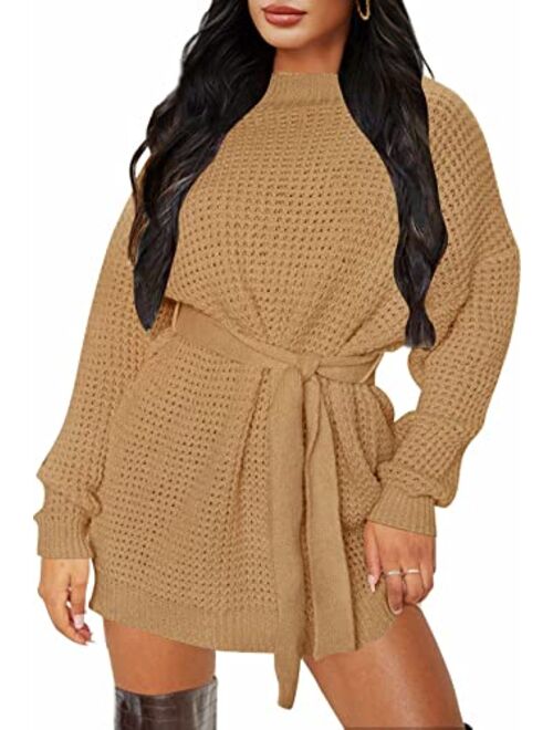 ZESICA Women's Long Sleeve Solid Color Waffle Knitted Tie Wasit Tunic Pullover Sweater Dress