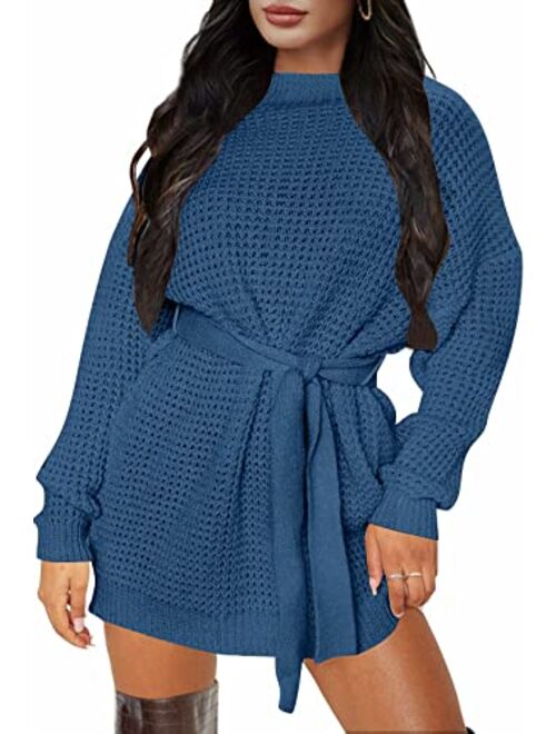 ZESICA Women's Long Sleeve Solid Color Waffle Knitted Tie Wasit Tunic Pullover Sweater Dress