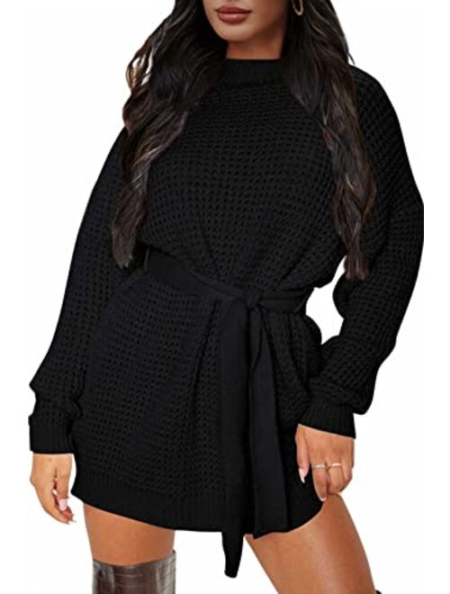 ZESICA Women's Long Sleeve Solid Color Waffle Knitted Tie Wasit Tunic Pullover Sweater Dress