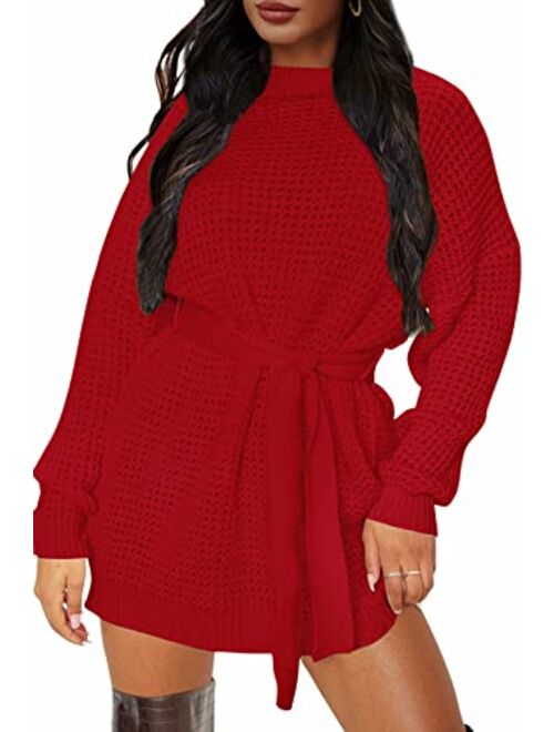 ZESICA Women's Long Sleeve Solid Color Waffle Knitted Tie Wasit Tunic Pullover Sweater Dress