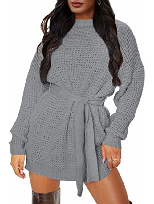 ZESICA Women's Long Sleeve Solid Color Waffle Knitted Tie Wasit Tunic Pullover Sweater Dress