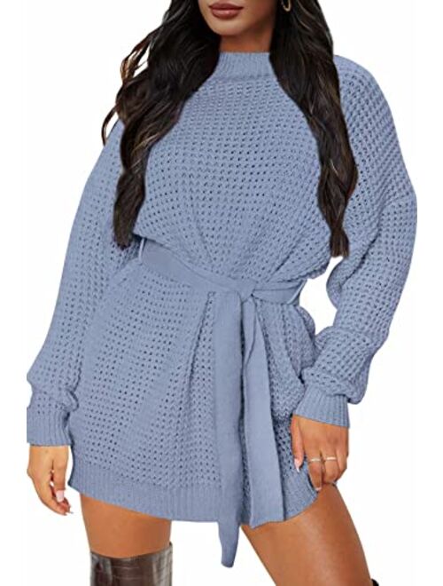 ZESICA Women's Long Sleeve Solid Color Waffle Knitted Tie Wasit Tunic Pullover Sweater Dress