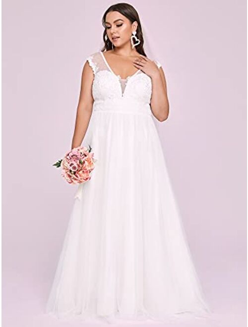 Ever-Pretty Women's A-line Maxi Appliques V-Neck Plus Size Prom Dress Wedding Dresses 90352-PZ