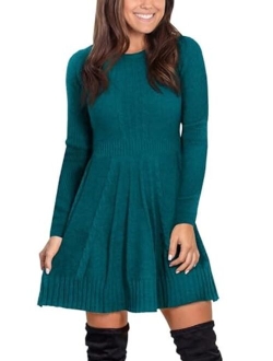 Maisolly Women's Knitted Crewneck Fit and Flare Sweater Dress