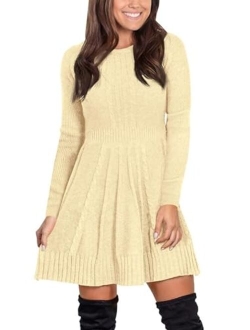 Maisolly Women's Knitted Crewneck Fit and Flare Sweater Dress