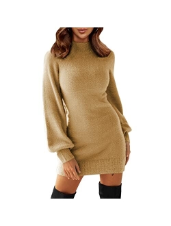 EXLURA Women's Mock Neck Ribbed Long Sleeve Bodycon Pullover Cute Mini Sweater Dress