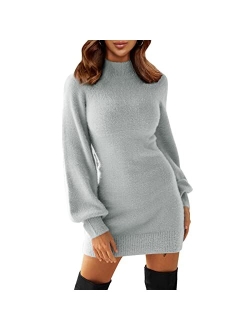 EXLURA Women's Mock Neck Ribbed Long Sleeve Bodycon Pullover Cute Mini Sweater Dress