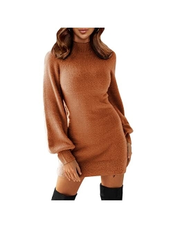 EXLURA Women's Mock Neck Ribbed Long Sleeve Bodycon Pullover Cute Mini Sweater Dress