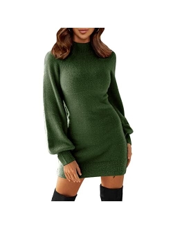 EXLURA Women's Mock Neck Ribbed Long Sleeve Bodycon Pullover Cute Mini Sweater Dress