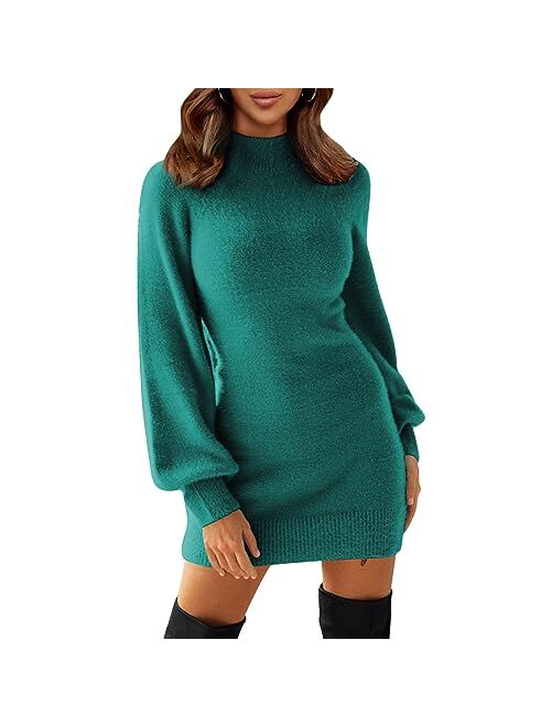 EXLURA Women's Mock Neck Ribbed Long Sleeve Bodycon Pullover Cute Mini Sweater Dress