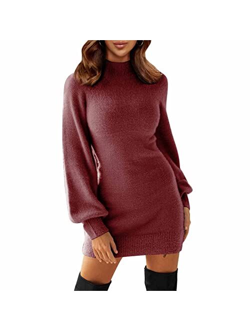 EXLURA Women's Mock Neck Ribbed Long Sleeve Bodycon Pullover Cute Mini Sweater Dress