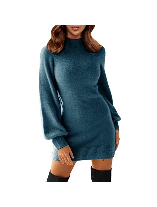 EXLURA Women's Mock Neck Ribbed Long Sleeve Bodycon Pullover Cute Mini Sweater Dress