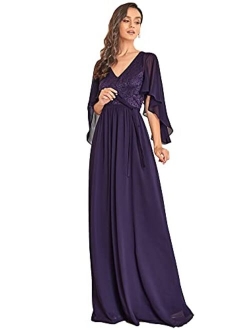 Women's A-line Shawl V-Neck Chiffon Evening Party Dress 0640