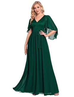 Women's A-line Shawl V-Neck Chiffon Evening Party Dress 0640