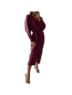 EXLURA Womens Knit Sweater Dress Casual Solid Long Sleeve Wrap Maxi Dresses with Belt