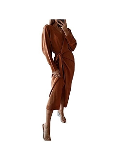 EXLURA Womens Knit Sweater Dress Casual Solid Long Sleeve Wrap Maxi Dresses with Belt