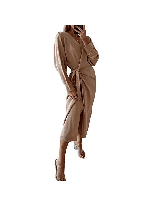 EXLURA Womens Knit Sweater Dress Casual Solid Long Sleeve Wrap Maxi Dresses with Belt