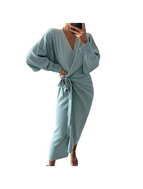 EXLURA Womens Knit Sweater Dress Casual Solid Long Sleeve Wrap Maxi Dresses with Belt